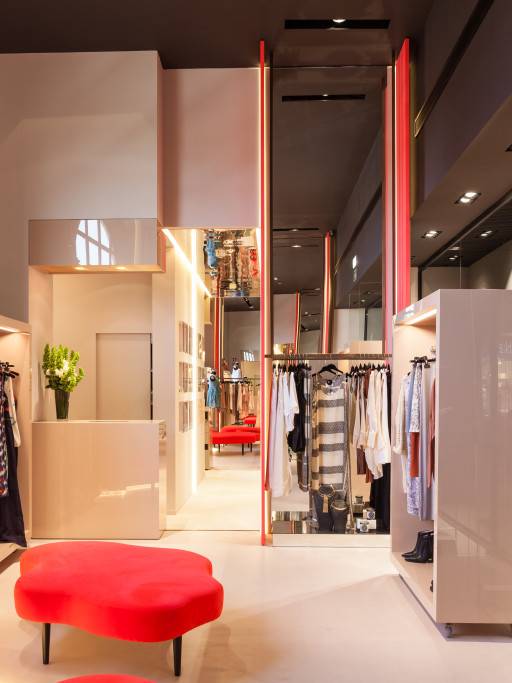 SAV nude fashion store and red commercial interior design architecture project luxury industrial art ceilings red panels boutique drawing