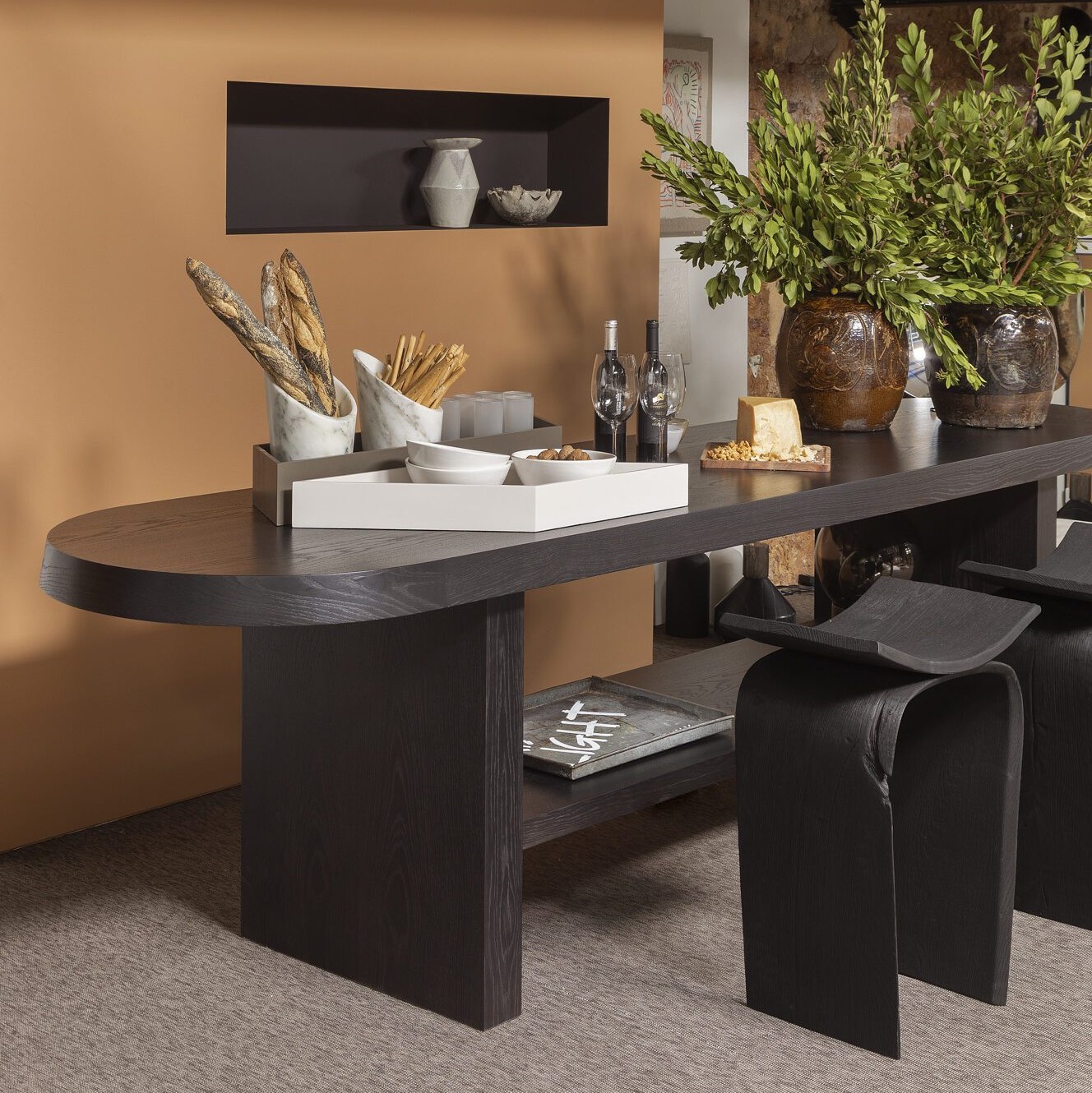 SAV black oak table interior design architecture product furniture luxury texture natural matte polish permeability 8 cm thickness top special piece personality charcoal