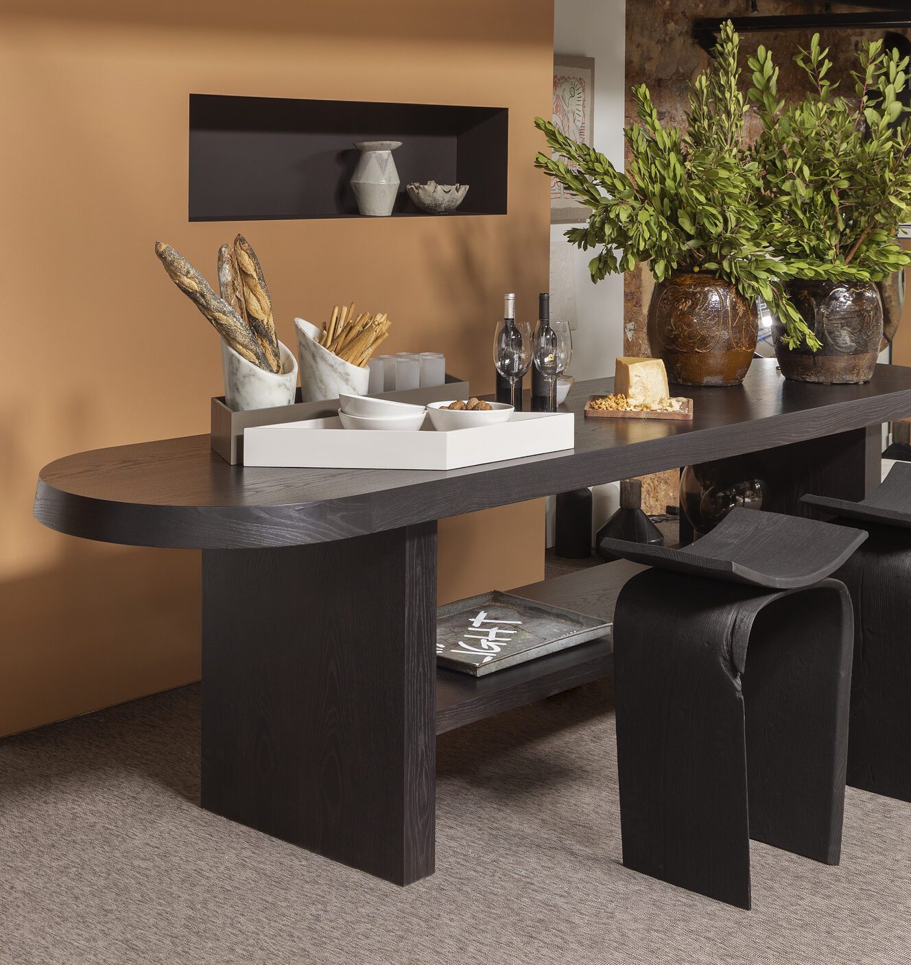 SAV black oak table interior design architecture product furniture luxury texture natural matte polish permeability 8 cm thickness top special piece personality charcoal